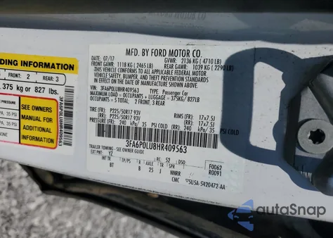2017 Ford Fusion Se Hybrid z USA, uszkodzony, nr VIN 3FA6P0LU8HR409563